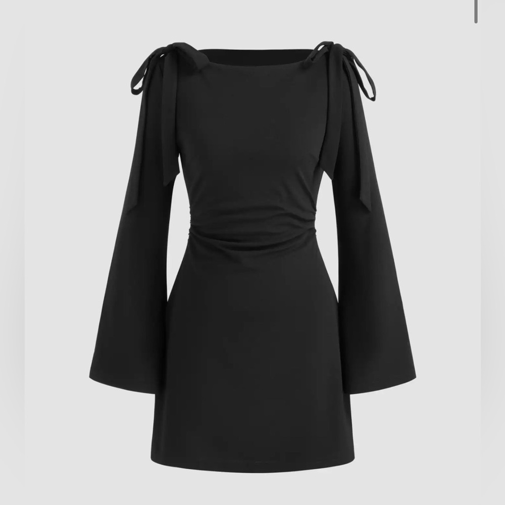 Cider BOAT NECKLINE SOLID RUCHED BOWKNOT MINI DRESS S CC15-10 - Picture 2 of 7